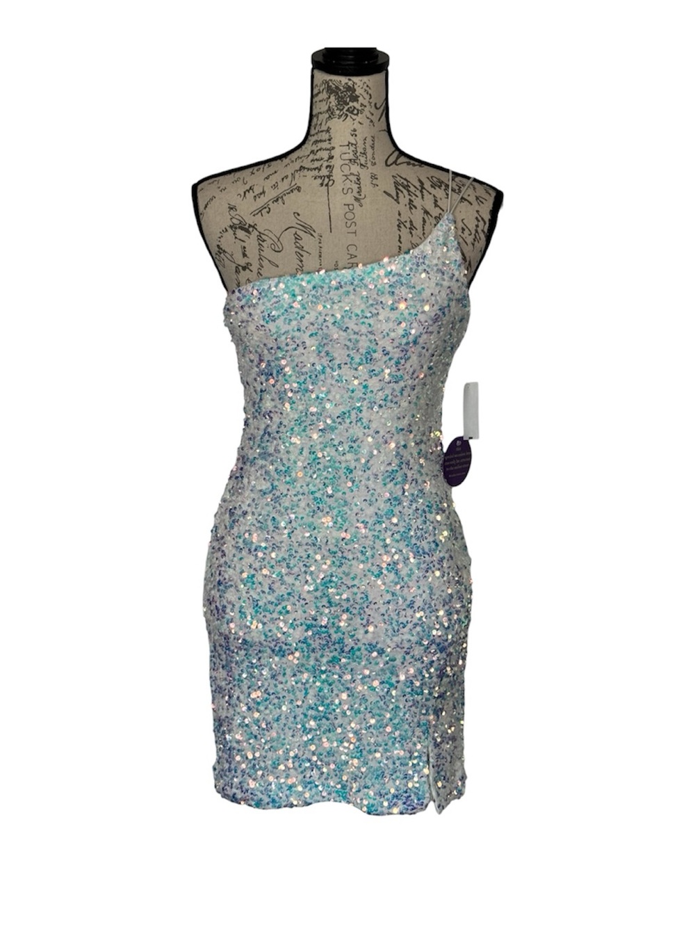 NWT Windsor Iridescent Sequin One Shoulder Cocktail Dress Medium Blue White